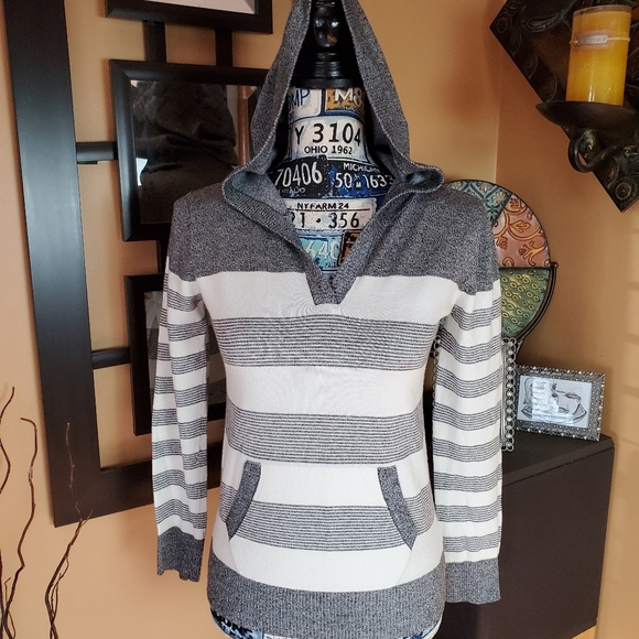 Poof! Sweaters - POOF GRAY & WHITE STRIPED HOODED VNECK SWEATER